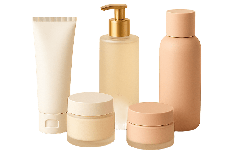 Colección de envases de cosmética marca blanca: tubos, dispensadores y tarros en tonos naturales